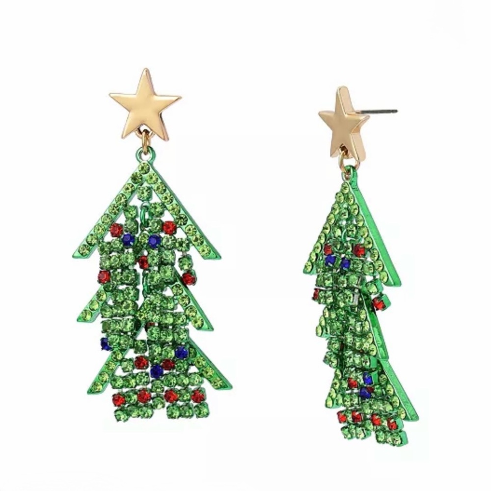 Betsey Johnson Festive Holiday Stone Santa Baby Christmas Tree Drop Earrings